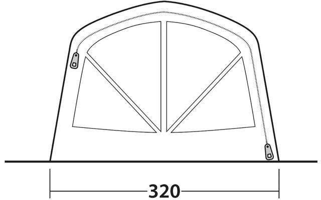 Gebogener Rahmen mit zwei schräg geteilten Scheiben, zentrales vertikales Profil, zwei diagonale Profile, zwei kleine rechteckige Beschläge links oben und rechts unten, darunter horizontale Maßlinie mit der Zahl 320