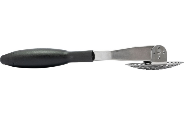 Metallstiel mit flacher, gelochter Metallplatte, an einem schwarzen Kunststoffgriff befestigt