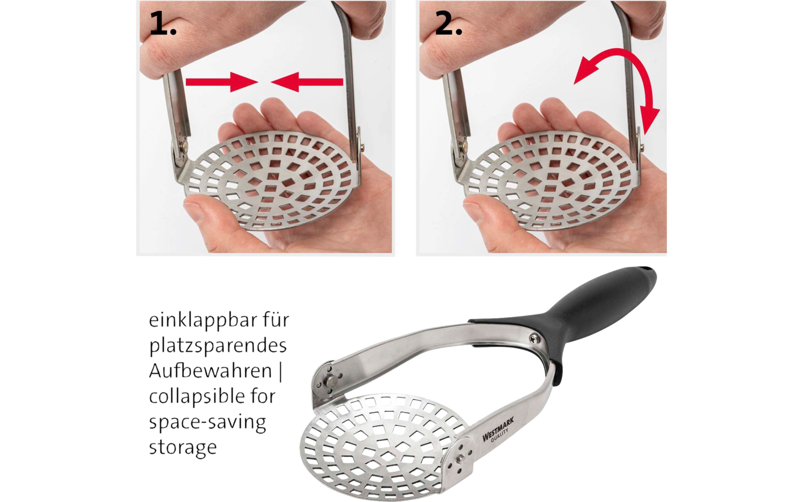 Oben zwei nummerierte Aufnahmen mit Händen, die eine runde, gelochte Metallplatte und zwei Metallbügel halten; rote Pfeile zeigen Bewegungen. Unten dasselbe Metallobjekt mit schwarzem Griff und gelochter runder Platte sowie sichtbarem Text 'einklappb