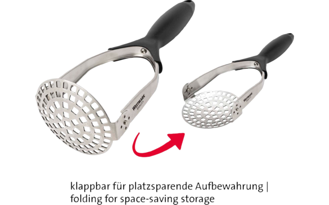 Metallisches Küchengerät mit gelochener runder Schale und zwei schwarzen Griffen, einmal geöffnet und einmal zusammengeklappt, roter gebogener Pfeil dazwischen, weißer Hintergrund