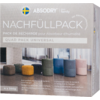 Fünf verschiedenfarbige ABSODRY Nachfüllpacks stehen nebeneinander, darunter die Produktverpackung