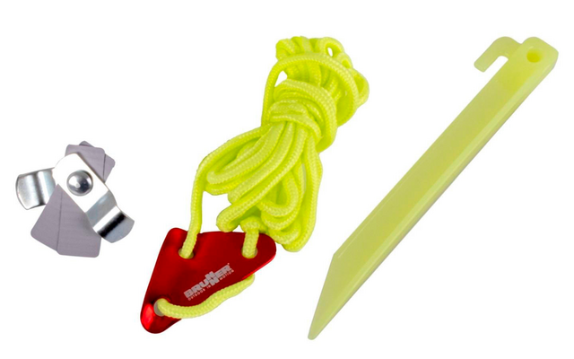 Kabelbinder-Set mit gelbem Klettband, rotem Verschluss und grauen Clips