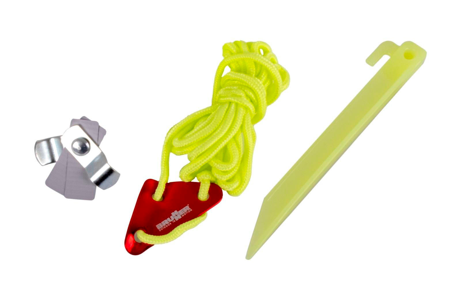 Kabelbinder-Set mit gelbem Klettband, rotem Verschluss und grauen Clips