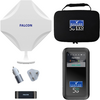 Weißes Antennengehäuse mit blauem FALCON-Schriftzug; schwarzes Reißverschluss-Etui mit blauem Etikett FALCON EVO 5G MOBILE; schwarzes Handgerät mit Display und FALCON 5G-Logo; silberner Autoladeadapter; weißer Steckadapter; schwarzer USB-Stick mit FA