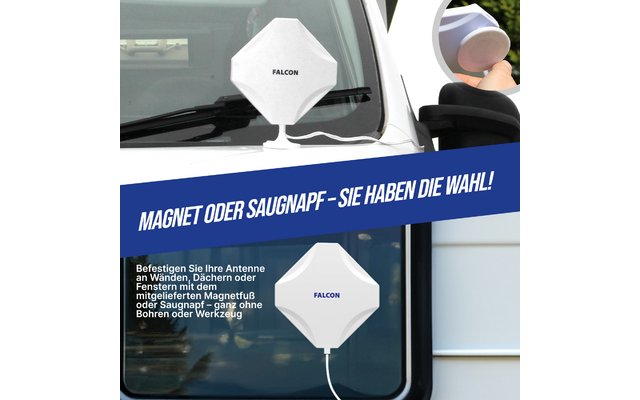 Weißer quadratischer Antennenaufsatz mit Aufschrift 'FALCON' und Kabel, befestigt am Fenster eines weißen Fahrzeugs; blaue diagonale Fläche mit weißem Text 'MAGNET ODER SAUGNAPF - SIE HABEN DIE WAHL!'; kleiner runder Ausschnitt einer Hand mit Saugnap