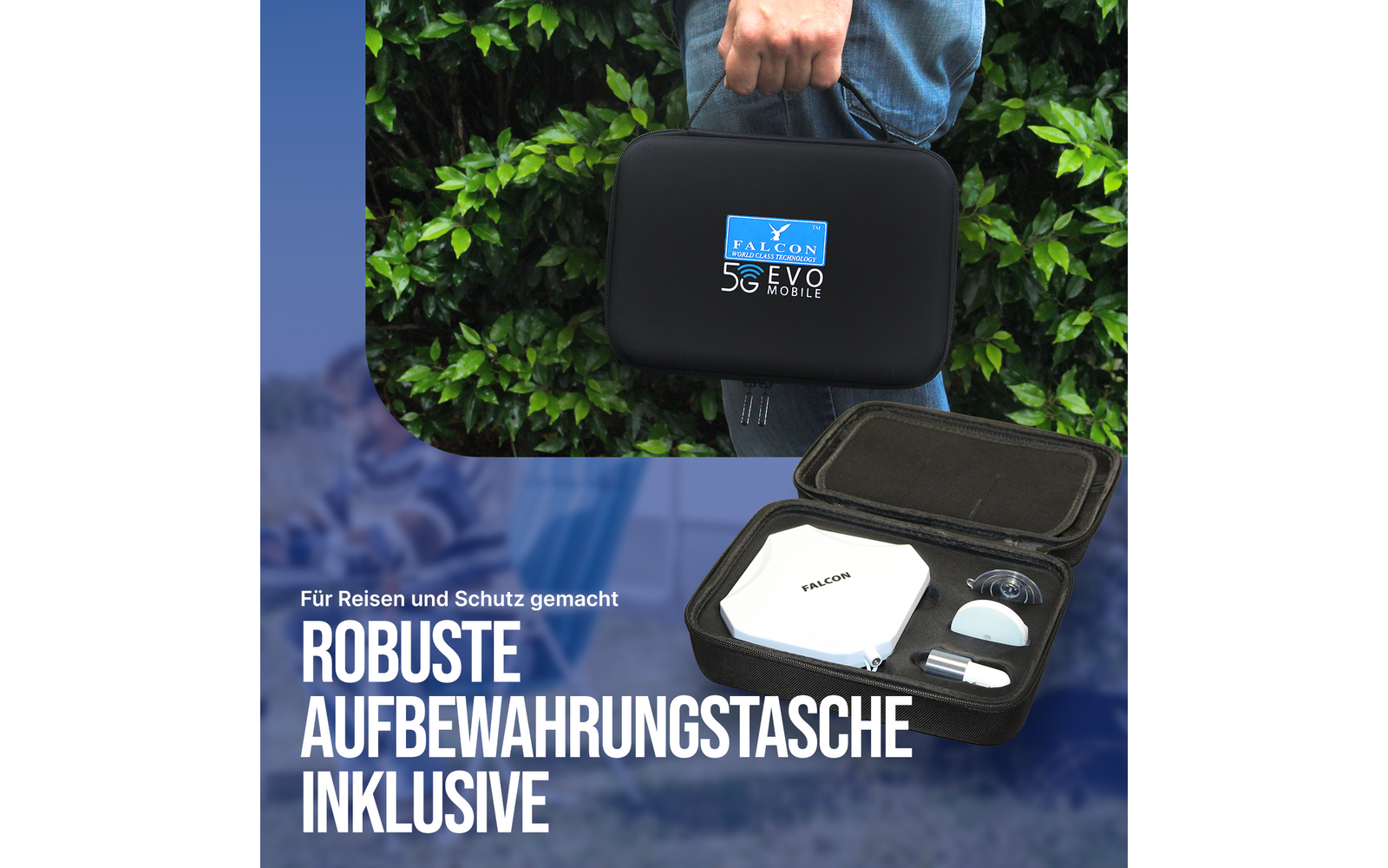 Hand hält eine schwarze, harte Reißverschlusstasche mit blauem Aufkleber 'FALCON 5G EVO MOBILE'; die geöffnete Tasche zeigt ein weißes Gerät mit Schriftzug 'FALCON', Kabel und Adapter; grünes Laub im Hintergrund und deutscher Text 'ROBUSTE AUFBEWAHRU