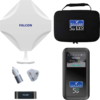 Witte antennebehuizing met blauwe FALCON-opschrift; zwarte ritstas met blauw etiket FALCON EVO 5G MOBILE; zwart draagbaar apparaat met scherm en FALCON 5G-logo; zilveren autolader; witte stekkeradapter; zwarte USB-stick met FALCON-opdruk