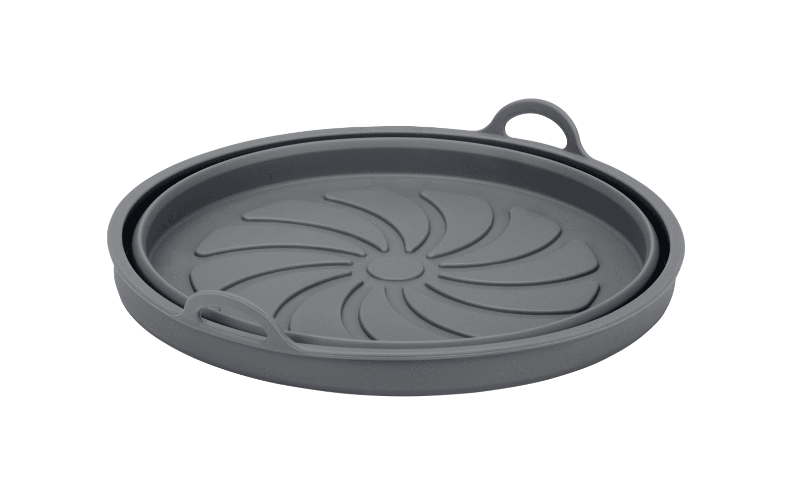 Open roestvrijstalen oven met een ronde zwarte bakvorm op het rooster met rauwe zalmfilets, schijfjes citroen en kruiden