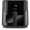 Schwarze Heißluftfritteuse mit digitaler Anzeige "175", Touch-Symbole, Griff, Sichtfenster und Schriftzug "CASO Design"