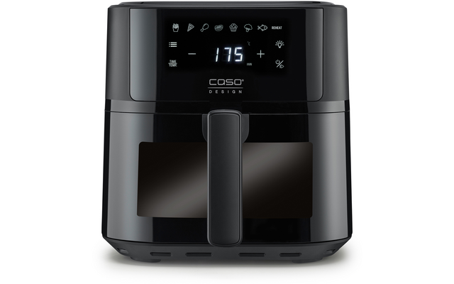 Schwarze Heißluftfritteuse mit digitaler Anzeige "175", Touch-Symbole, Griff, Sichtfenster und Schriftzug "CASO Design"