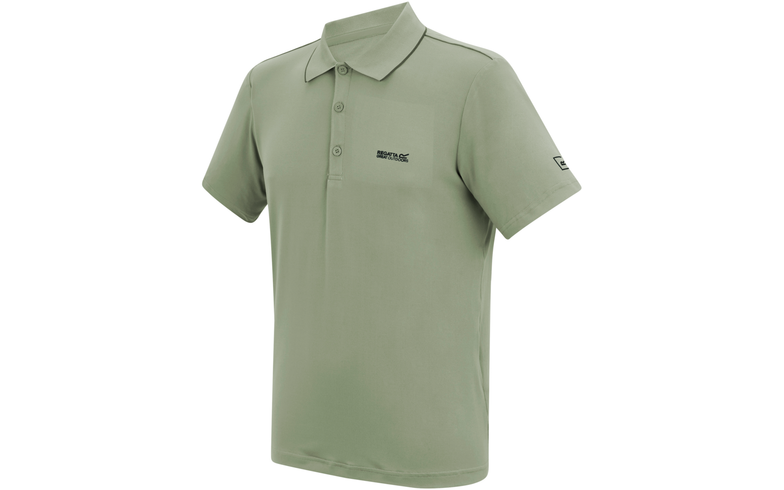 Hellgrünes Poloshirt mit kurzen Ärmeln, Knopfleiste mit drei Knöpfen, kleiner schwarzer Aufdruck auf der Brust und auf dem Ärmel, auf weißem Hintergrund