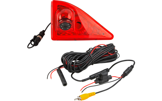 Rotes, dreieckiges Lampengehäuse mit transparenter Abdeckung; daneben ein aufgerolltes schwarzes Kabel und mehrere schwarze und gelbe Steckverbinder