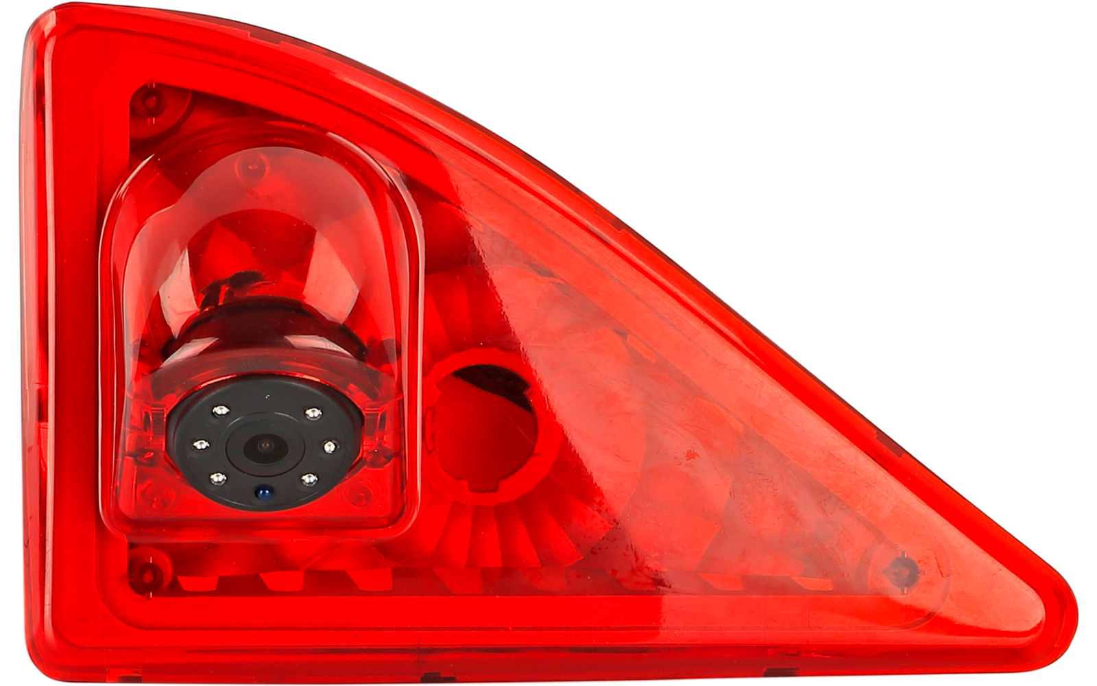 Rotes, dreieckiges Rücklicht mit transparentem Gehäuse, rundem schwarzem LED‑Modul und reflektierenden Lamellen