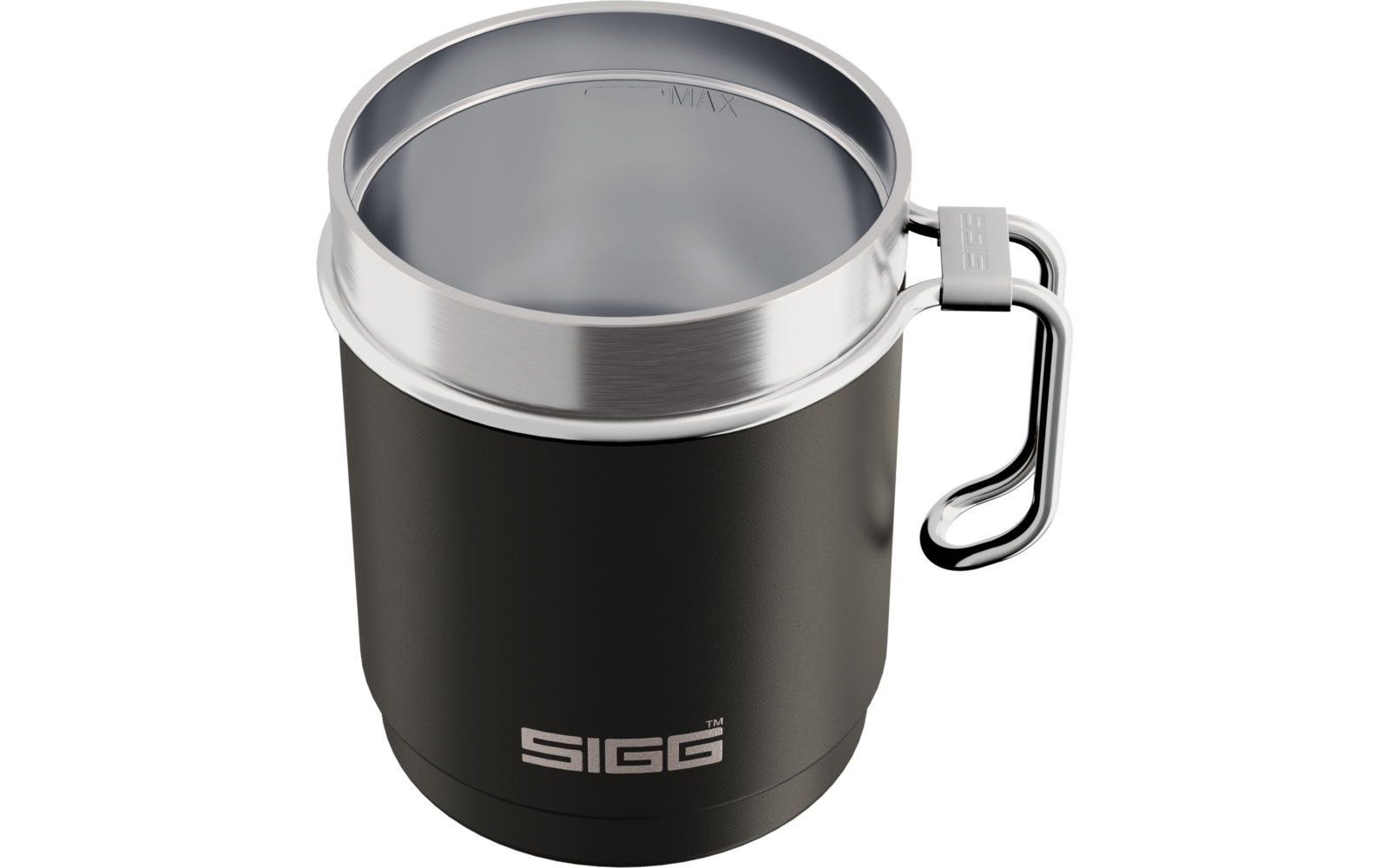 Schwarzer isolierter Becher mit silbernem Edelstahlrand, klappbarem Metallgriff und SIGG-Logo