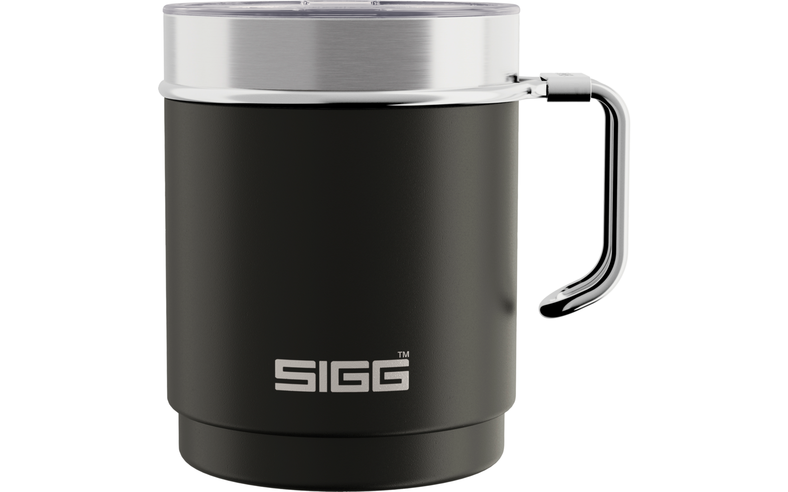 Schwarzer Becher mit Metallhenkel, transparentem Deckel, silbernem Rand und 'SIGG'-Logo auf der Vorderseite