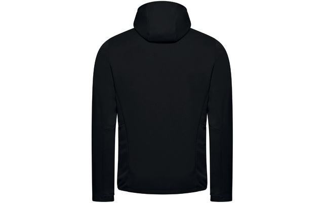 Schwarze Jacke mit Kapuze, von hinten gesehen