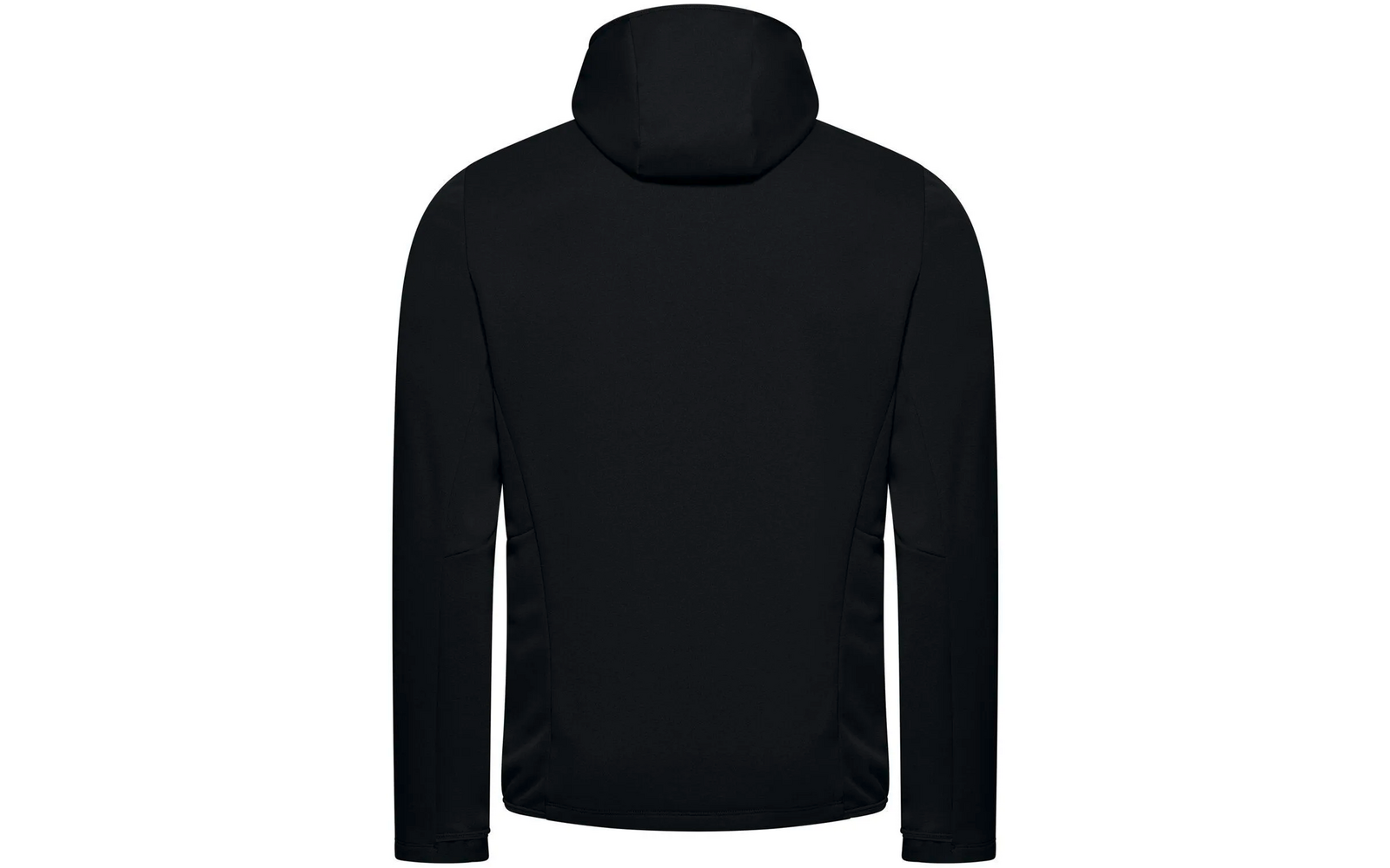 Schwarze Jacke mit Kapuze, von hinten gesehen