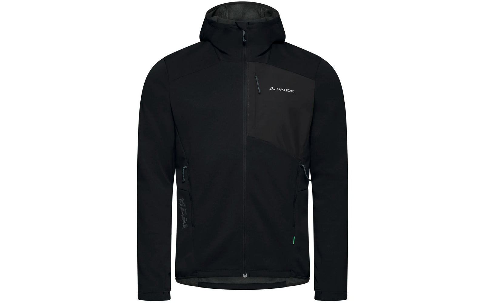 Schwarze Softshell-Jacke mit Reißverschlusstaschen und Kapuze