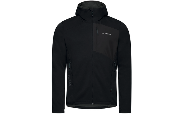 Schwarze Softshell-Jacke mit Reißverschlusstaschen und Kapuze