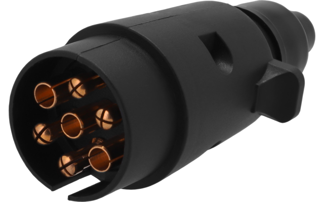 Schwarzer runder Stecker mit sieben sichtbaren kupfernen Kontakten und Kunststoffgehäuse, Verriegelungsriegel an der Seite