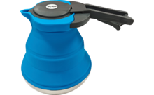 Recipiente plegable de silicona azul con asa y tapa de plástico negro y base metálica plateada