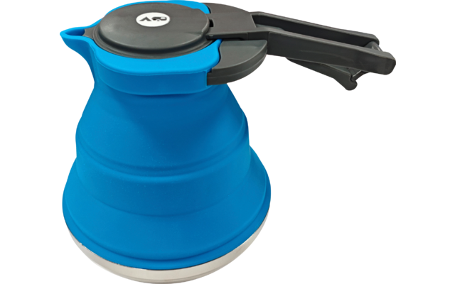 Contenitore pieghevole in silicone blu con manico e coperchio in plastica nera e base metallica argentata