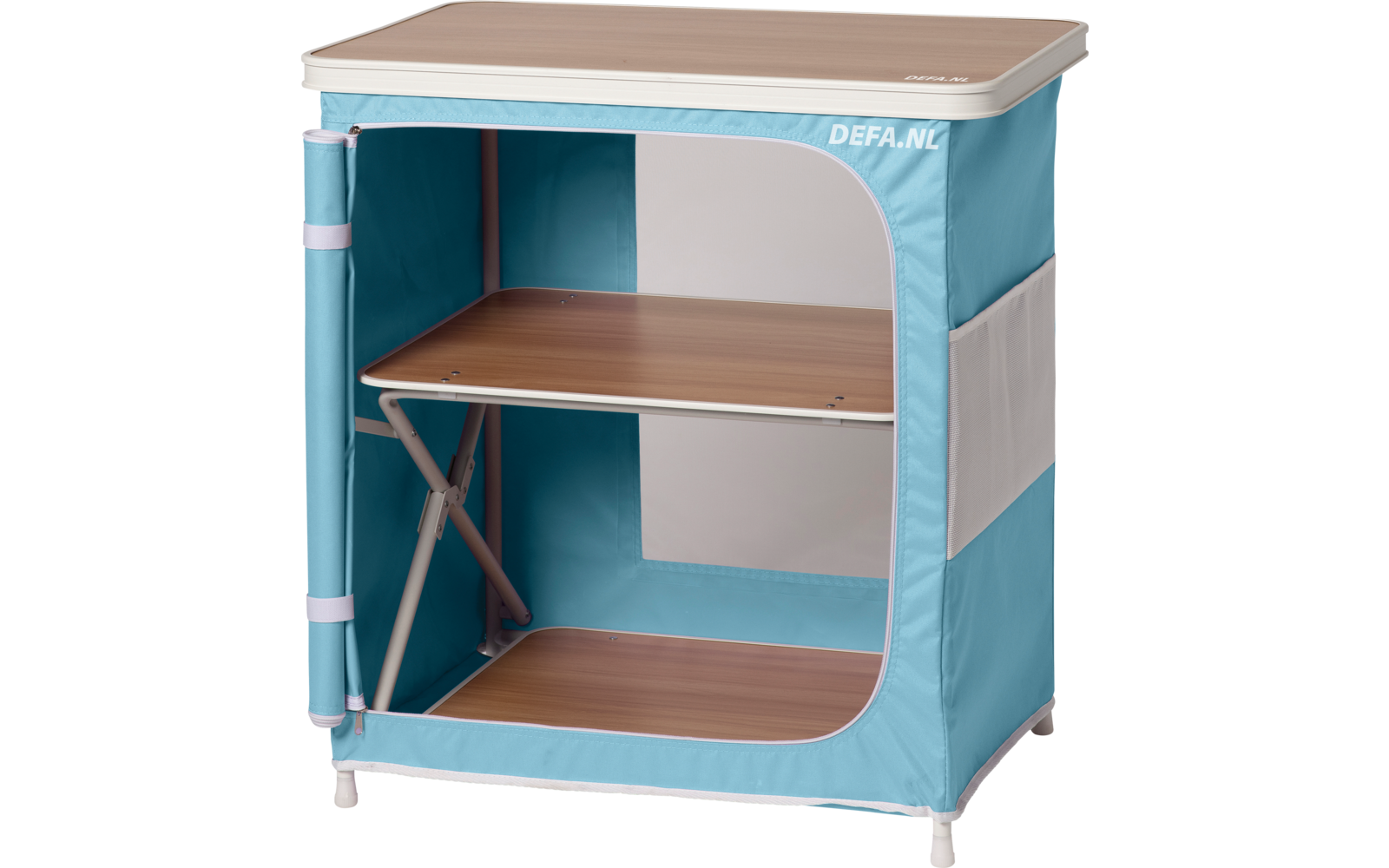 Étagère pliante bleue et blanche avec trois étagères en bois