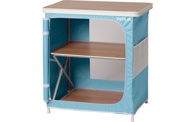 Blauw-wit opvouwbare kast met drie houten planken