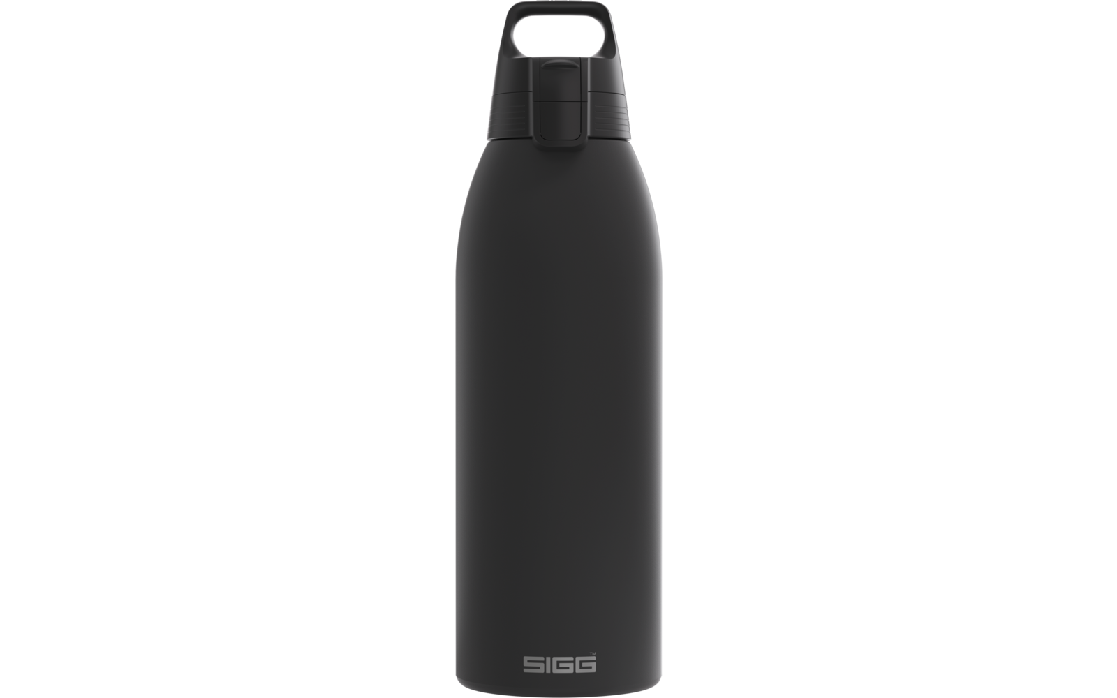 Dunkelgraue, matte Trinkflasche mit Deckel und Bügelgriff oben, 'SIGG'-Logo am unteren Rand