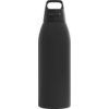 Schwarze matte Flasche mit zylindrischem Körper, konisch zulaufendem Hals, Schraubverschluss mit integriertem Tragegriff und kleinem rechteckigem Metallplättchen an der Schulter