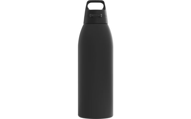 Schwarze matte Flasche mit zylindrischem Körper, konisch zulaufendem Hals, Schraubverschluss mit integriertem Tragegriff und kleinem rechteckigem Metallplättchen an der Schulter