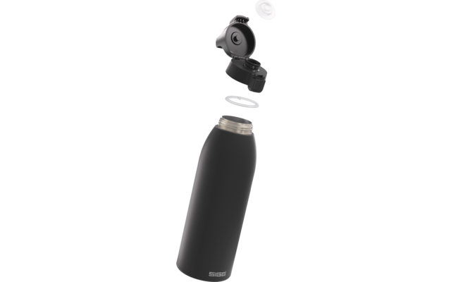 Schwarze Trinkflasche mit abgenommenem Schraubverschluss; Verschluss, Dichtungsring und Inneneinsatz schweben über der Öffnung