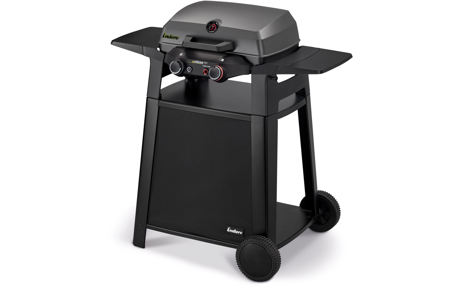 Grauer Gasgrill mit geschlossenem Deckel, zwei Bedienknöpfen, zwei Seitentischen auf einem Wagen mit Rädern