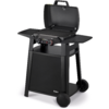 Schwarzer Grill mit offenem Deckel, geriffelter Grillfläche, zwei Seitentischen, Bedienelementen vorne und Untergestell mit zwei Rädern