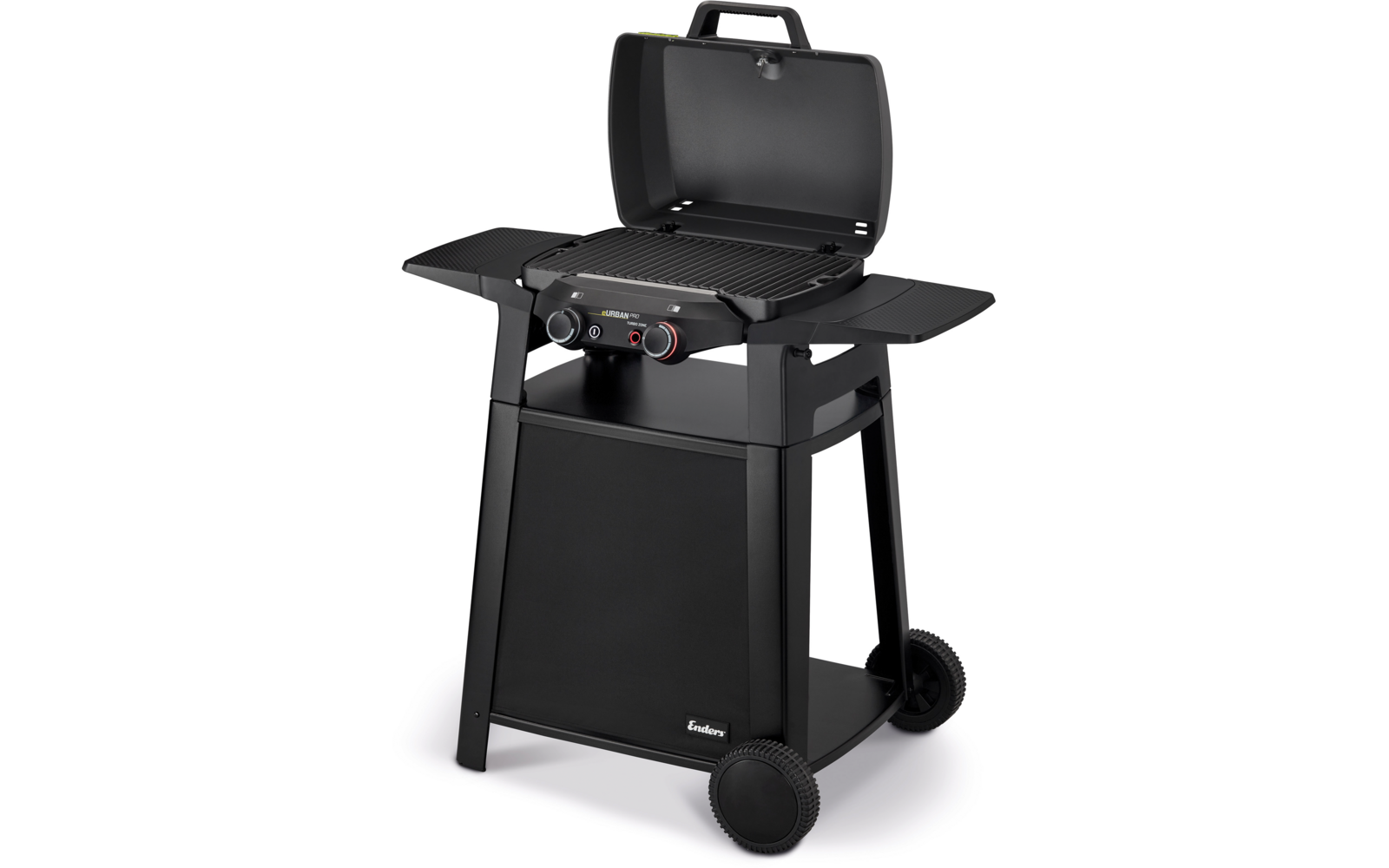 Schwarzer Grill mit offenem Deckel, geriffelter Grillfläche, zwei Seitentischen, Bedienelementen vorne und Untergestell mit zwei Rädern