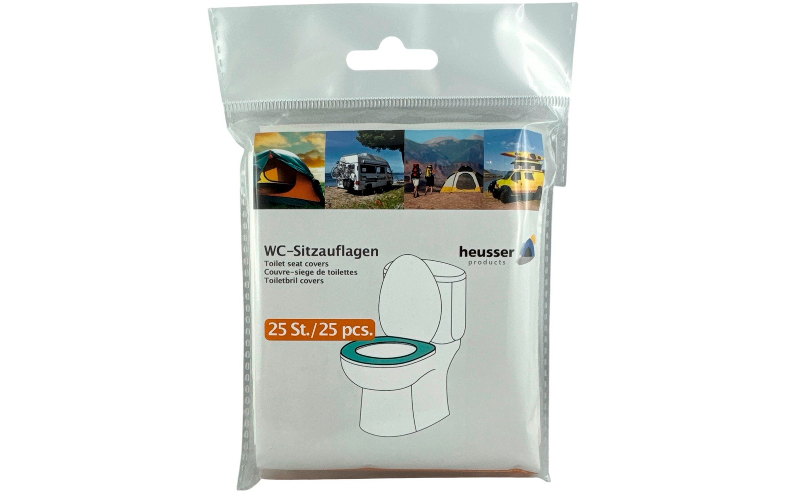 Verpackung mit WC-Sitzauflagen, darauf eine gezeichnete Toilette und Fotos von Fahrzeugen oben