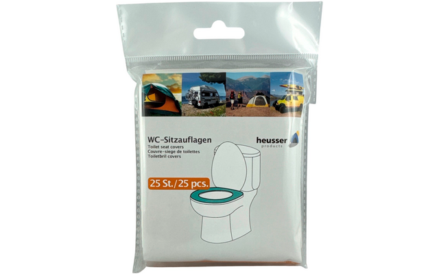Verpackung mit WC-Sitzauflagen, darauf eine gezeichnete Toilette und Fotos von Fahrzeugen oben