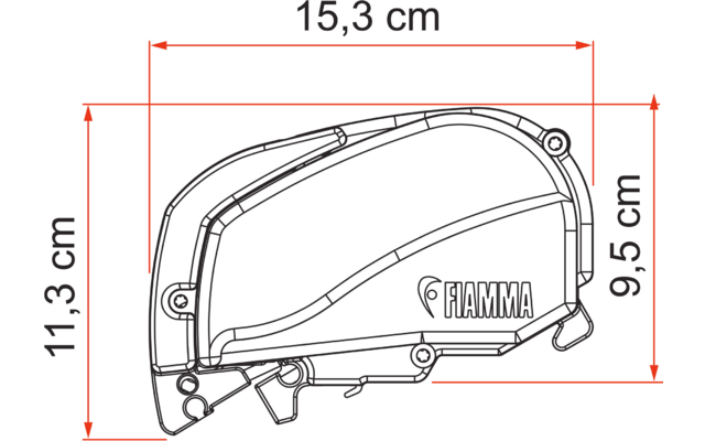 Zeichnung eines Akkuschraubers mit den Maßen 15,3 cm Länge, 11,3 cm Höhe und 9,5 cm Tiefe