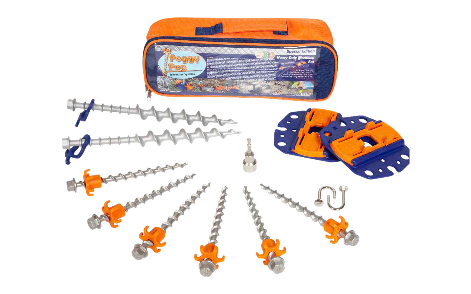 Orange-blaues Etui mit transparentem Fenster; davor mehrere spiralförmige Metallschrauben mit orangefarbenen Kunststoffteilen, zwei blaue Platten mit orangefarbener Einlage, ein kleiner Metalladapter und zwei gebogene Metallhaken