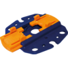 Blaues ovales Kunststoffteil mit zwei orangefarbenen, verschiebbaren Kunststoffelementen und mehreren runden sowie rechteckigen Aussparungen