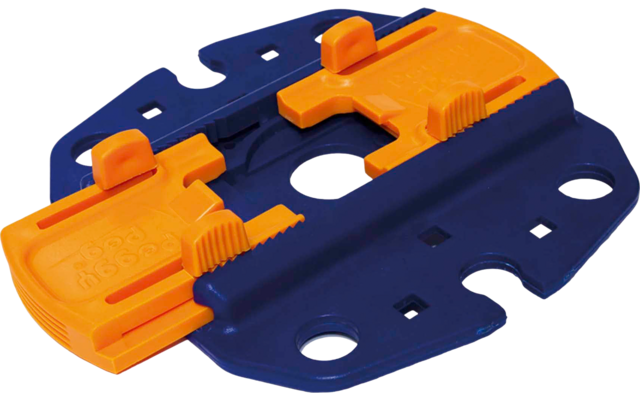 Blaues ovales Kunststoffteil mit zwei orangefarbenen, verschiebbaren Kunststoffelementen und mehreren runden sowie rechteckigen Aussparungen