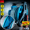 Blauer Schlauchaufroller mit aufgewickeltem Schlauch, kreisförmige Nahaufnahme eines Schlauchdetails, gelbe Symbol-Piktogramme links, rotes "HG POWER GLUE"-Logo oben links, gelbe Verpackung mit Aufdruck "REPAIR it!" und zwei Personen unten rechts vor