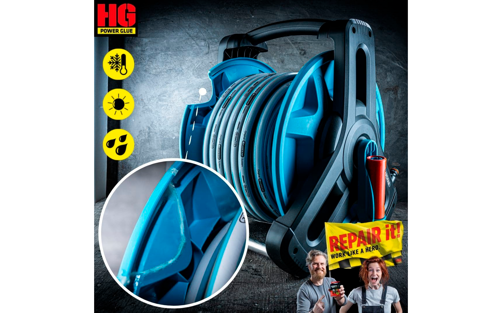 Blauer Schlauchaufroller mit aufgewickeltem Schlauch, kreisförmige Nahaufnahme eines Schlauchdetails, gelbe Symbol-Piktogramme links, rotes "HG POWER GLUE"-Logo oben links, gelbe Verpackung mit Aufdruck "REPAIR it!" und zwei Personen unten rechts vor
