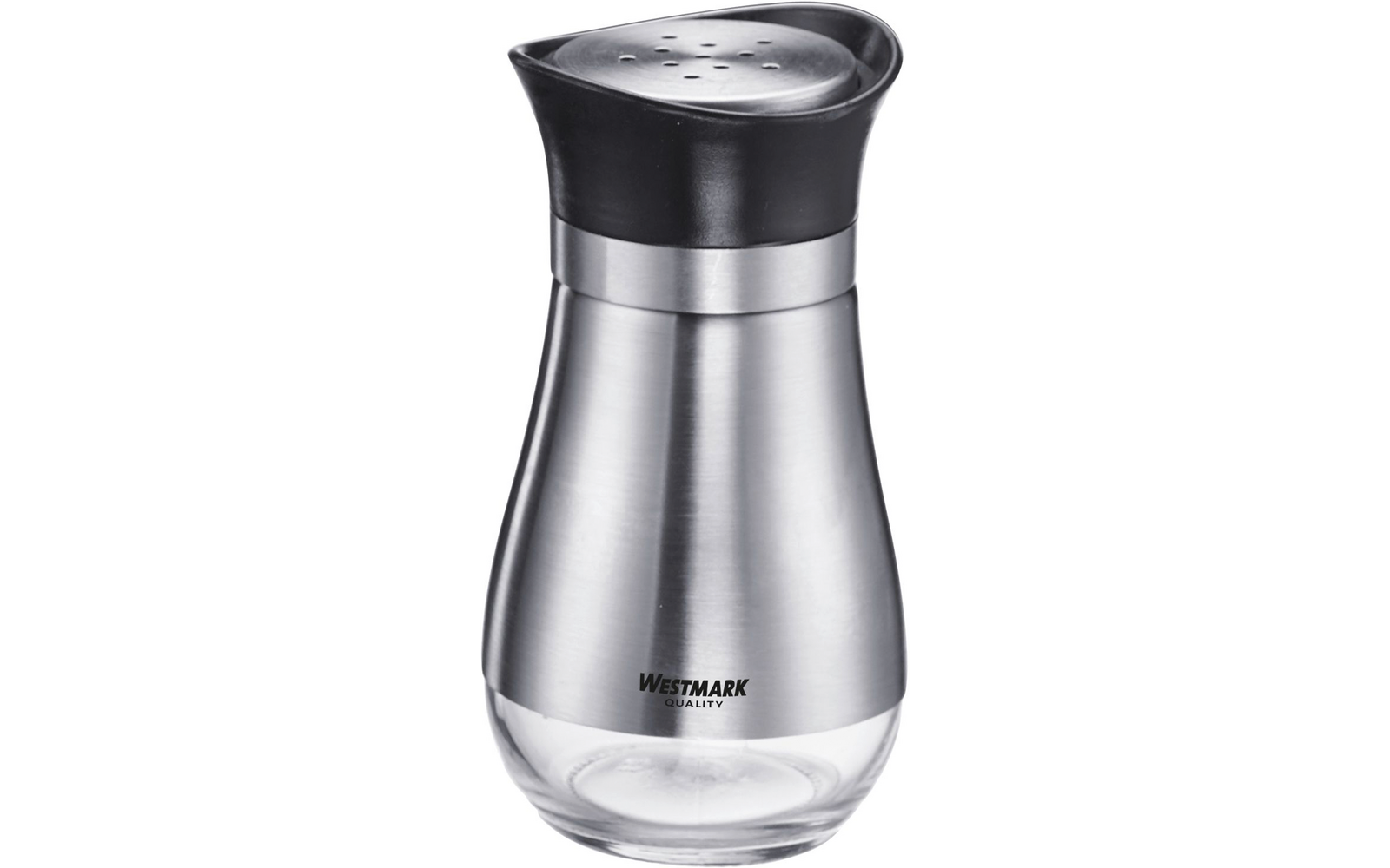 Récipient en acier inoxydable brossé avec base en verre transparent, couvercle en plastique noir percé de trous et inscription «Westmark» sur l'avant