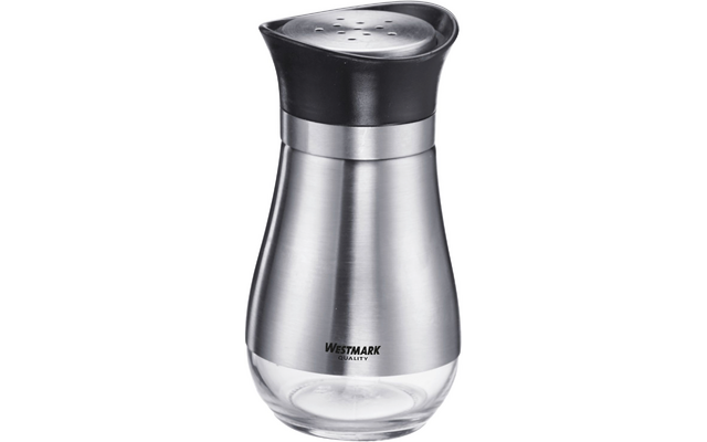 Récipient en acier inoxydable brossé avec base en verre transparent, couvercle en plastique noir percé de trous et inscription «Westmark» sur l'avant