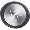Disque circulaire en acier inoxydable avec plusieurs trous disposés en cercle et un bord en caoutchouc noir, vue de dessus