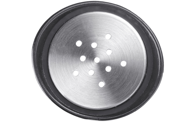 Disque circulaire en acier inoxydable avec plusieurs trous disposés en cercle et un bord en caoutchouc noir, vue de dessus