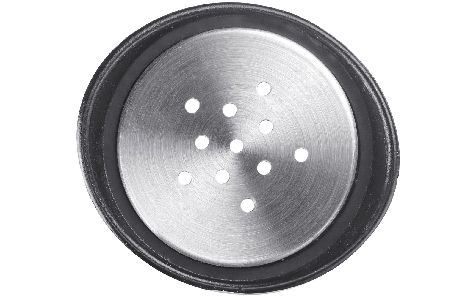 Disque circulaire en acier inoxydable avec plusieurs trous disposés en cercle et un bord en caoutchouc noir, vue de dessus