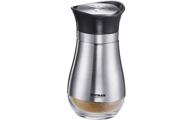 Distributeur d'épices en acier inoxydable avec couvercle noir perforé, base en verre transparente contenant une poudre brune et inscription "Westmark Quality"
