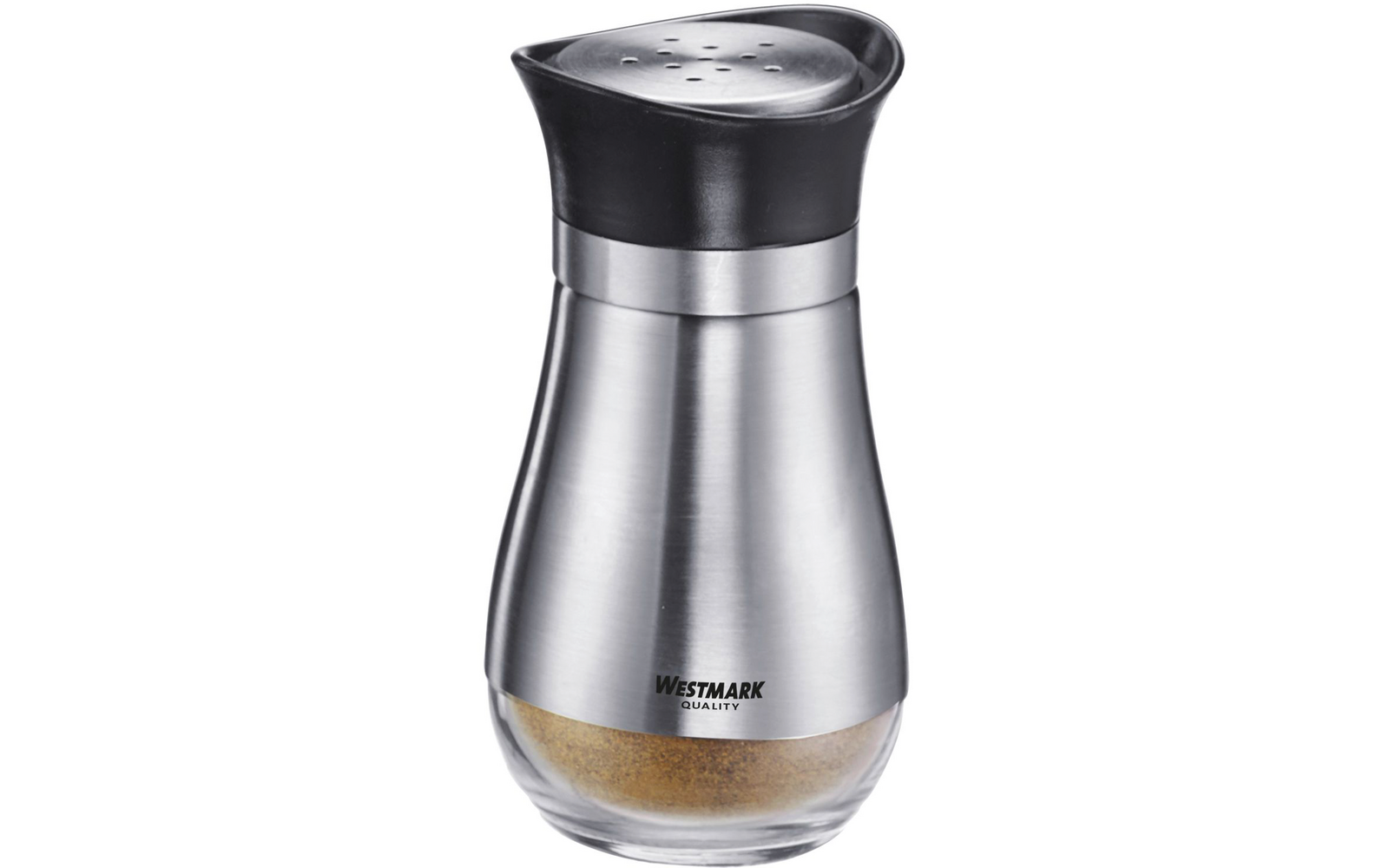 Distributeur d'épices en acier inoxydable avec couvercle noir perforé, base en verre transparente contenant une poudre brune et inscription "Westmark Quality"
